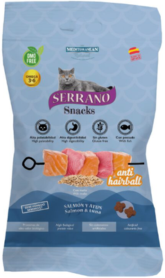 Snack Serrano Gatos Bolsa 50gr Salmon y Atun AntiHairball